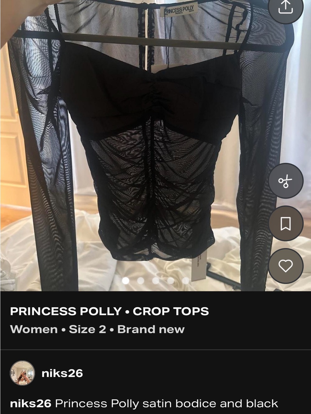 Princess Polly Black Sheer Ruched Long-Sleeve Crop Top